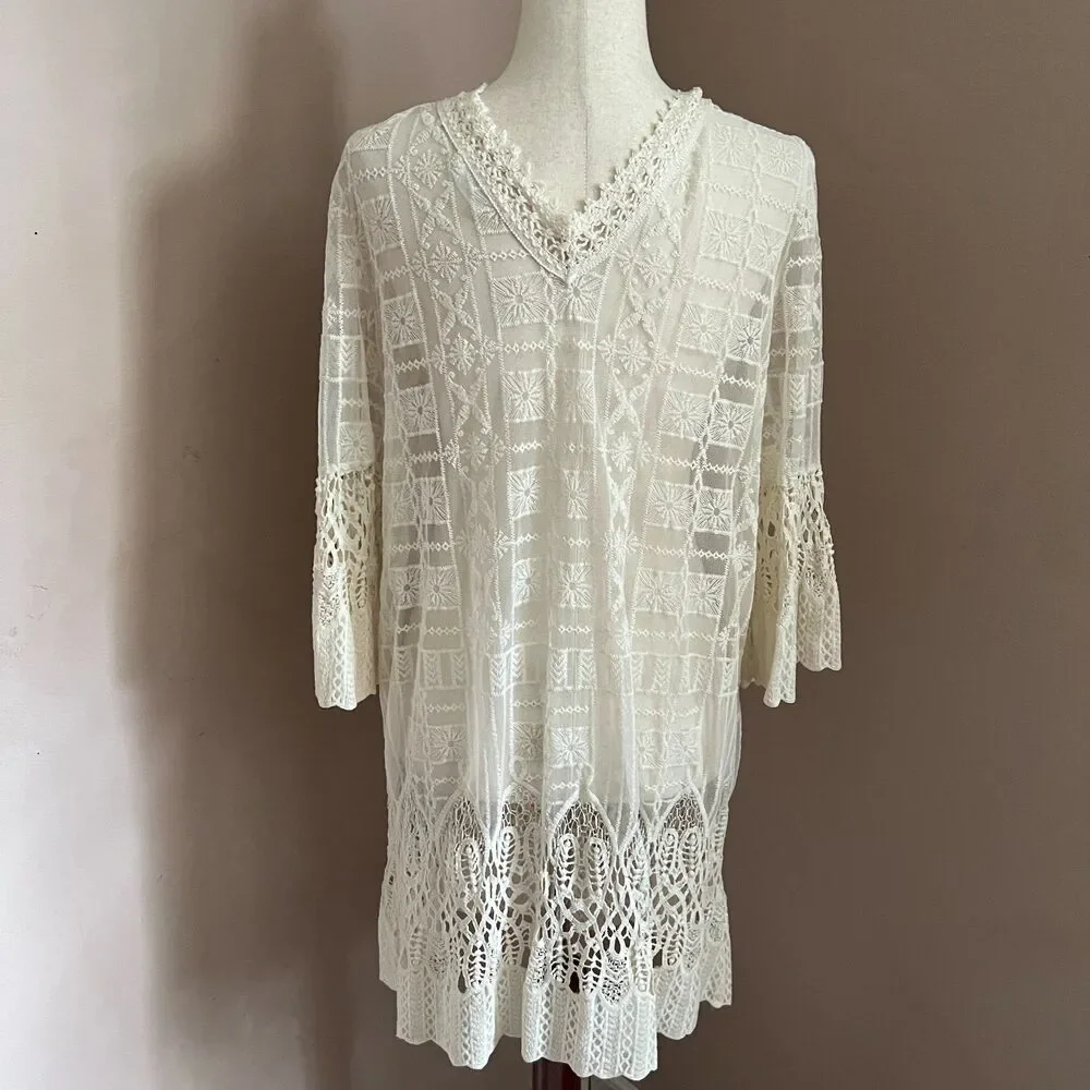 Miho's Italy Lace Crochet Cover Up Tunic Dress Shell Beaded Vacation Euro Summer